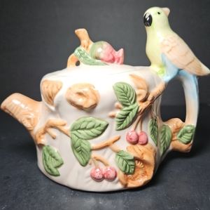Vintage Ceramic Majolica Style Teapot With Cockatoo Bird Handle